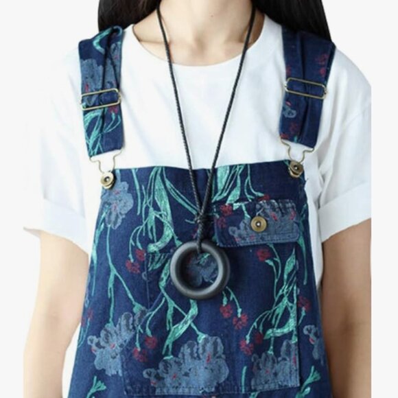 Denim Jean Overalls Japanese Floral Artsy Distressed Carpenter Loose Fit Large - Picture 2 of 16